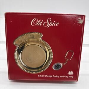 Vintage Old Spice Change Caddy Dish & Key Ring Silver Tone HONG KONG NOS